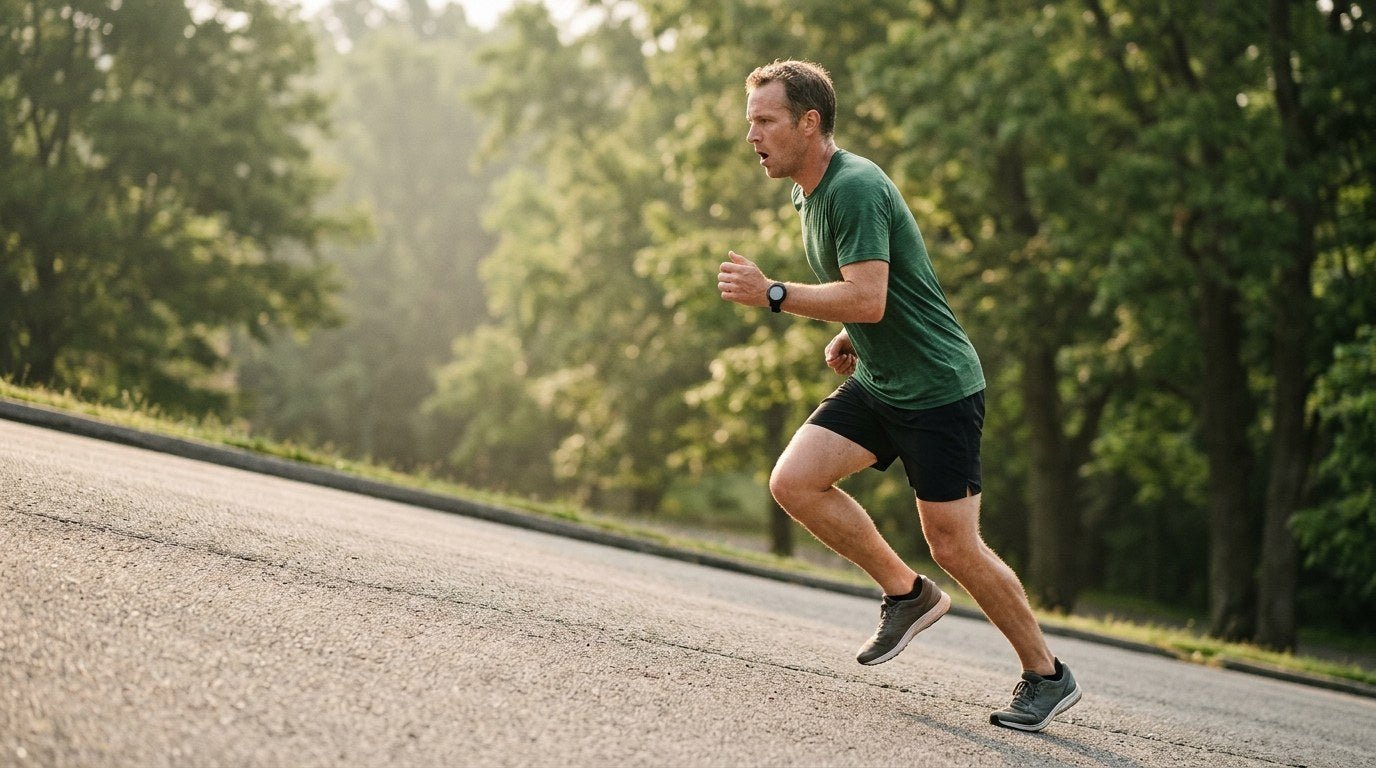 Runner grinding up a steep road hill in morning light