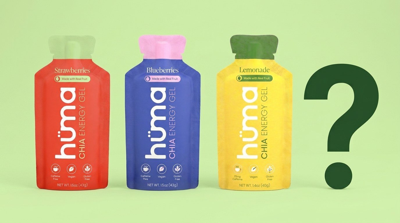 Three Huma gel flavors beside a large question mark