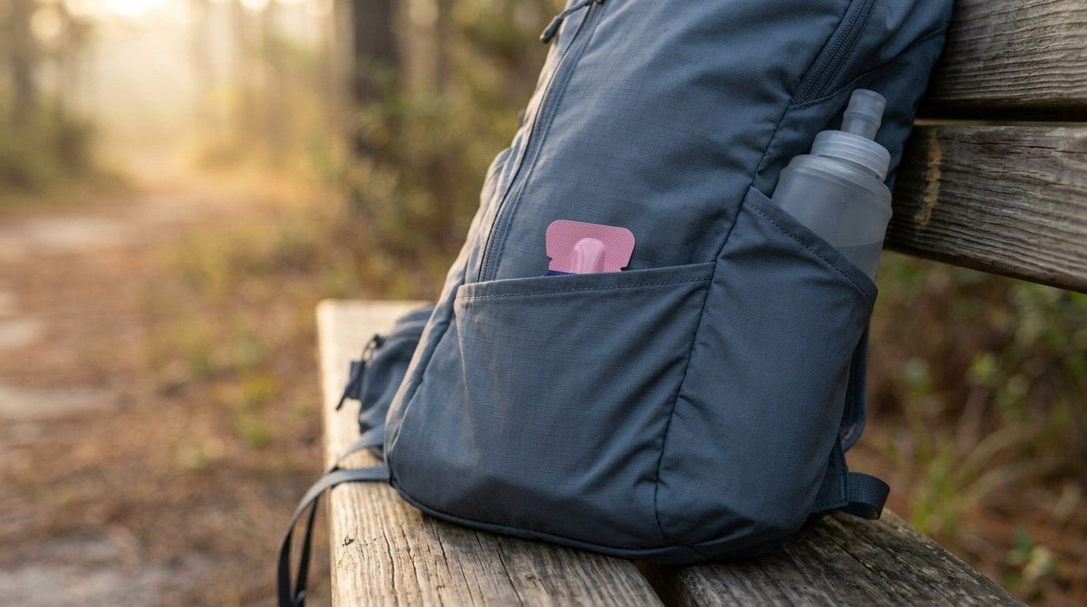 A sealed Huma energy gel tucked in a running pack on a trailhead bench
