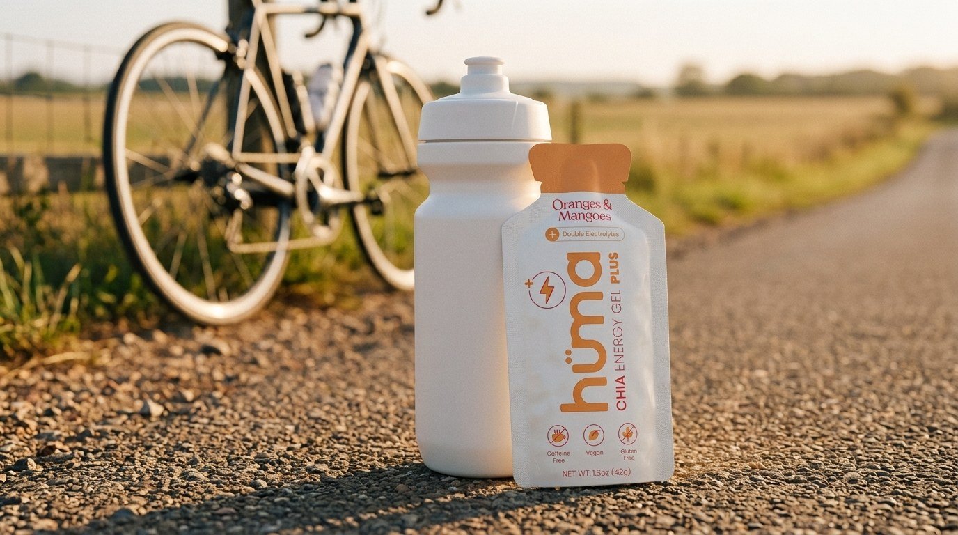 Huma PLUS Oranges and Mangoes gel leaning on a cycling water bottle