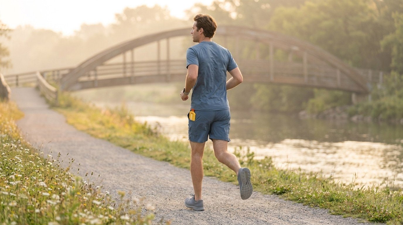 Runner heading down a riverside path toward a footbridge at sunrise, a Huma gel tucked in his pocket