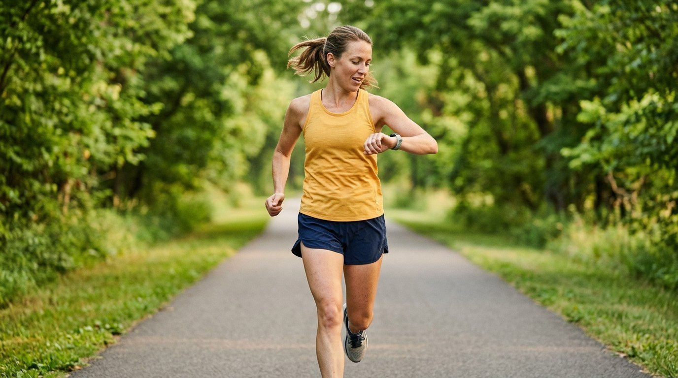 Runner checking her watch mid-run on a tree-lined greenway