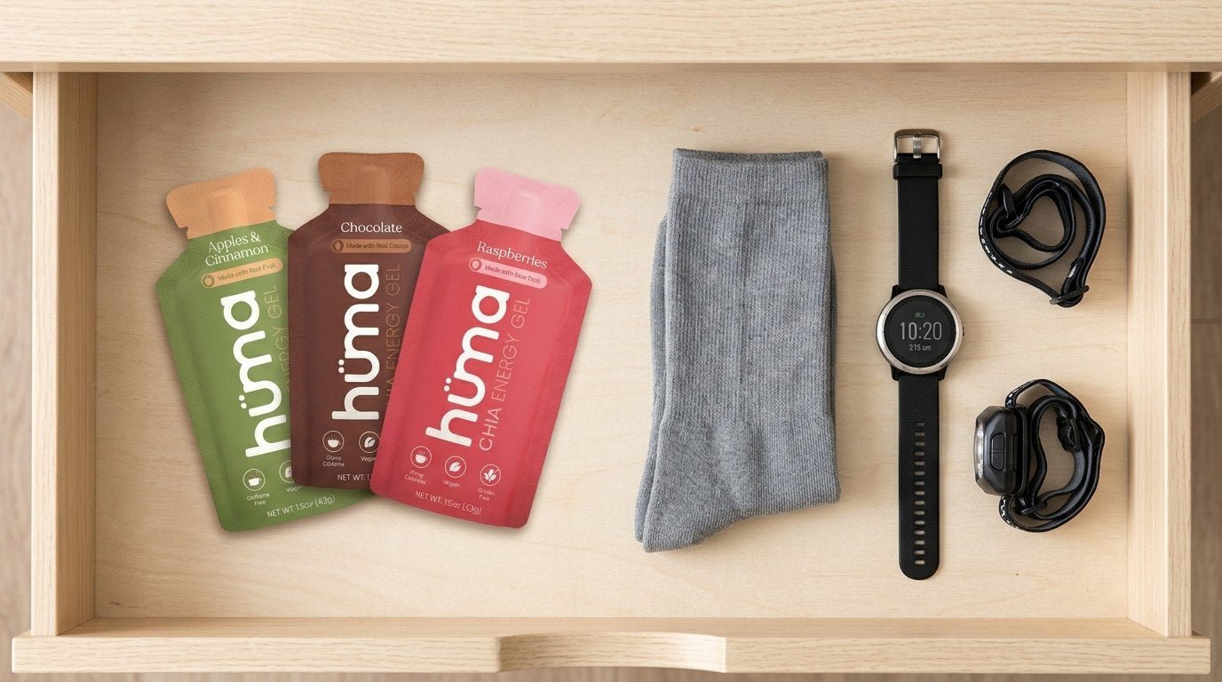 Gear drawer with three Huma gels, running socks, and a watch