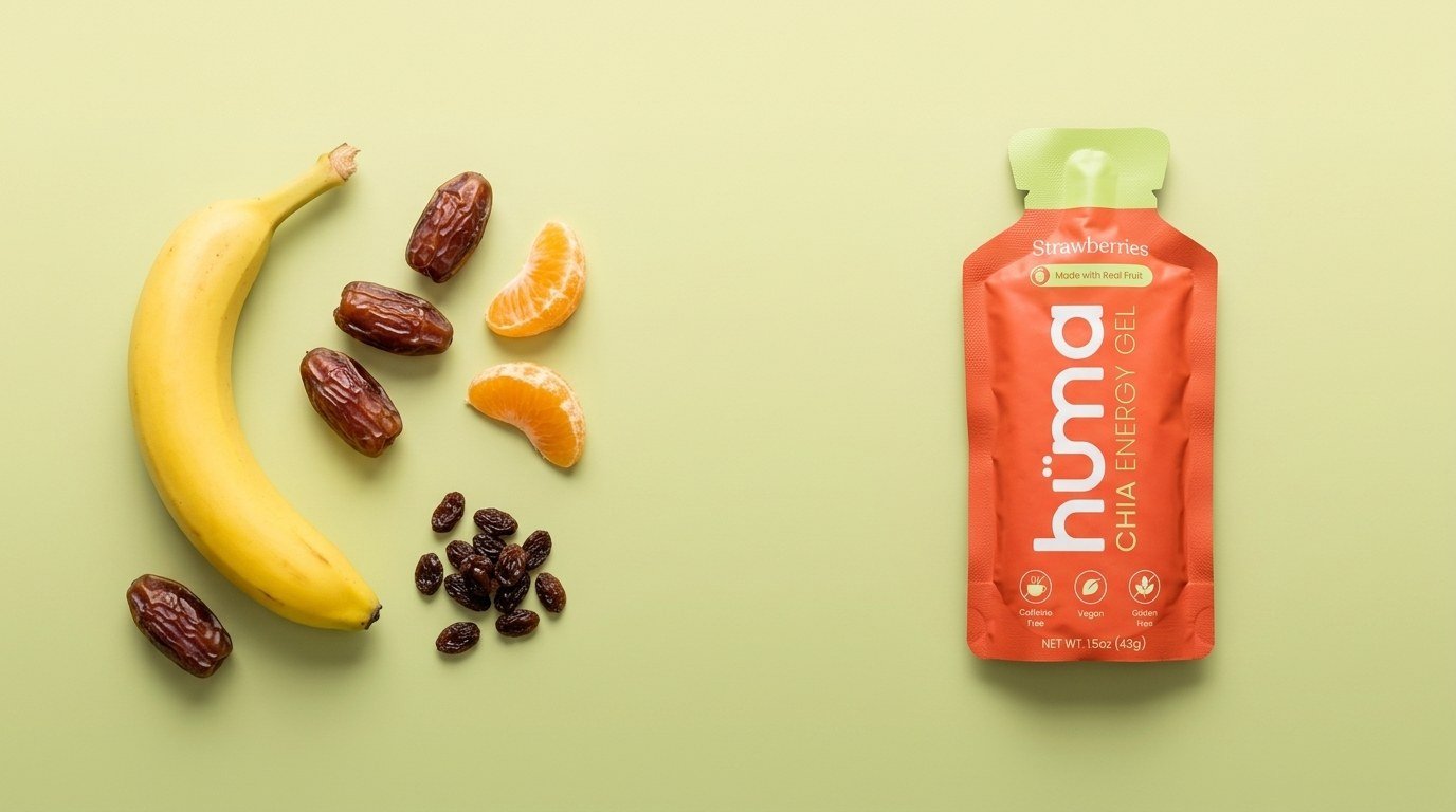 Banana, dates, orange segments, and raisins beside a Huma Strawberries energy gel