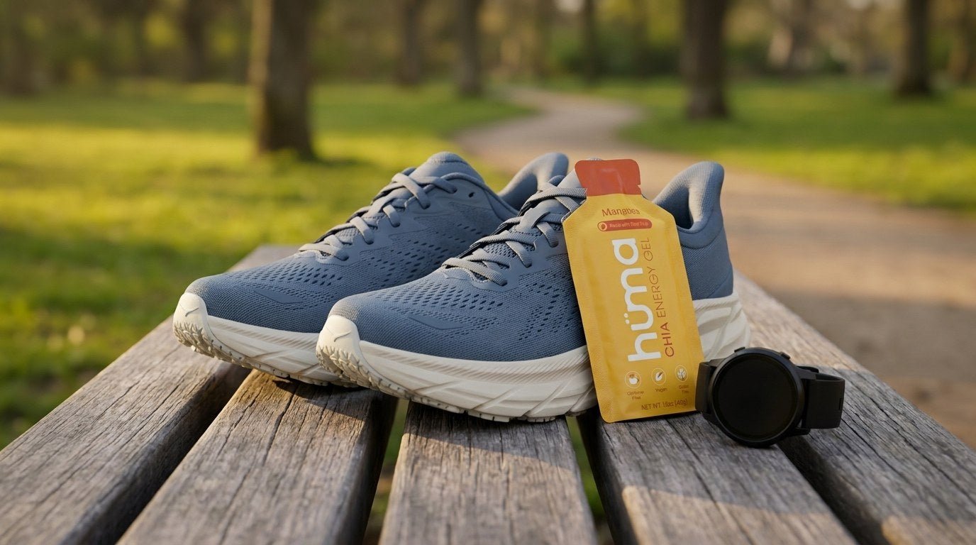 A Huma Mangoes gel with running shoes and a watch on a park bench