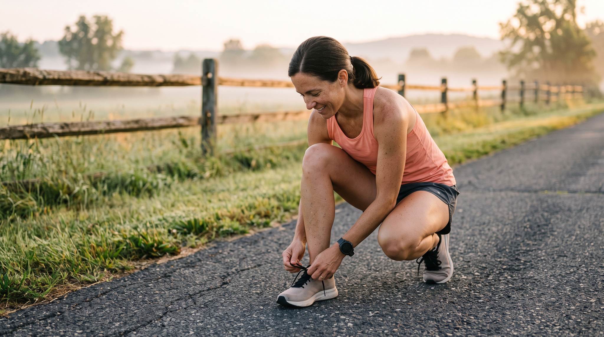 A woman runner crouches on a rural road at sunrise to tie her shoe before a run, with a weathered split-rail fence and misty fields behind her