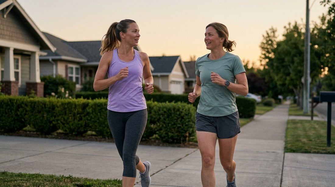 Two friends running together through a neighborhood at dusk