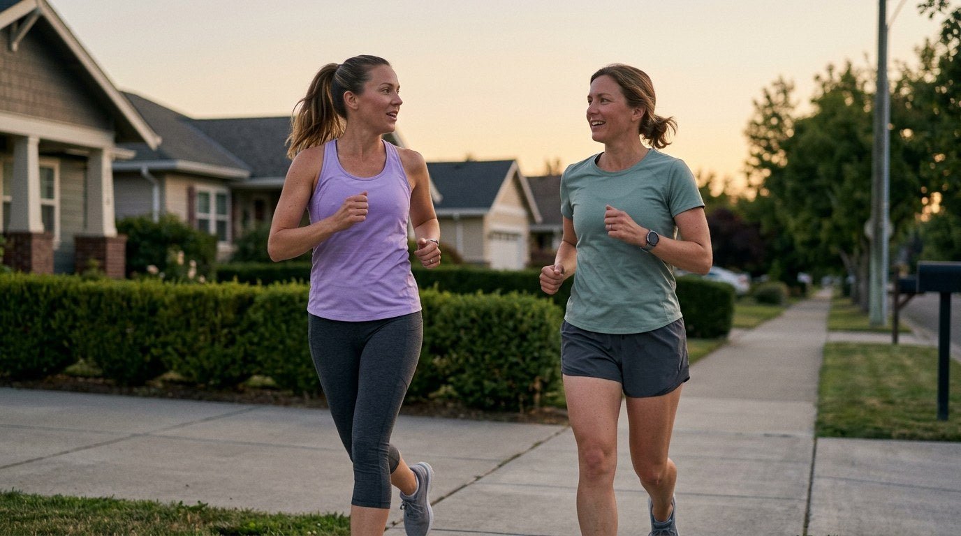Two friends running together through a neighborhood at dusk