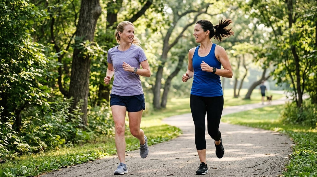 Two friends running together on a tree-lined park path
