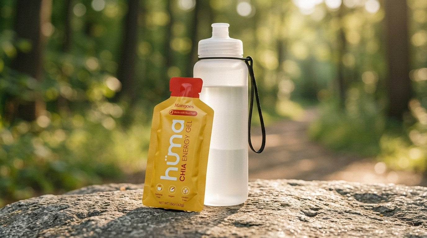 Huma Mangoes energy gel leaning on a runner's water bottle on a trailside rock
