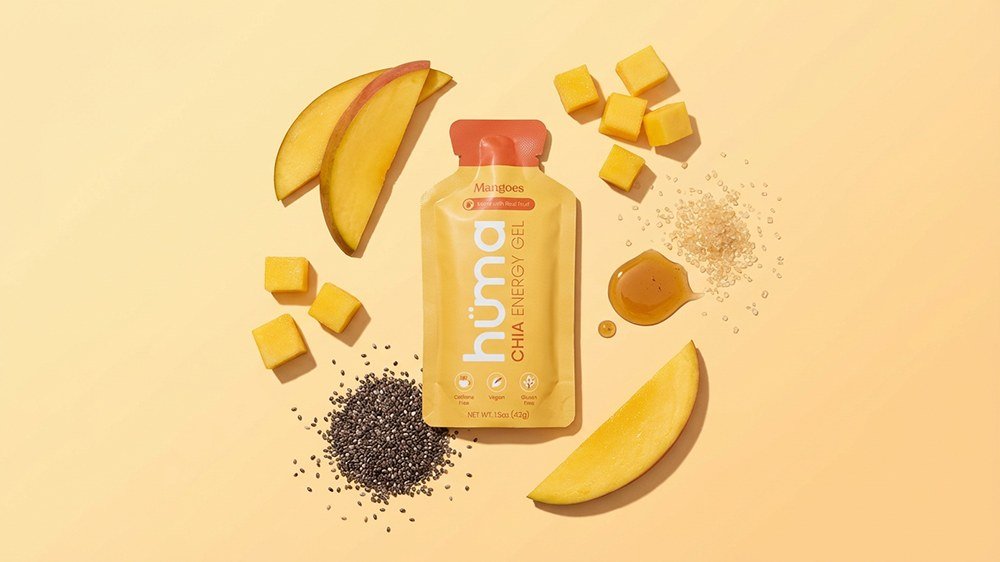 A Huma Mangoes energy gel with real mango, chia, and real-food ingredients