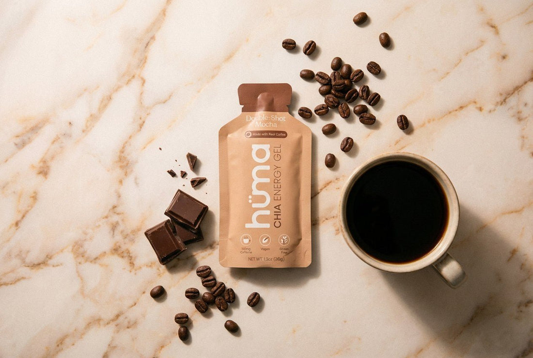 Huma Double-Shot Mocha gel with coffee beans, dark chocolate, and a cup of coffee