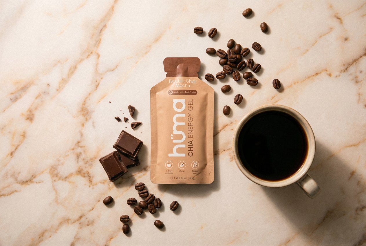 Huma Double-Shot Mocha gel with coffee beans, dark chocolate, and a cup of coffee