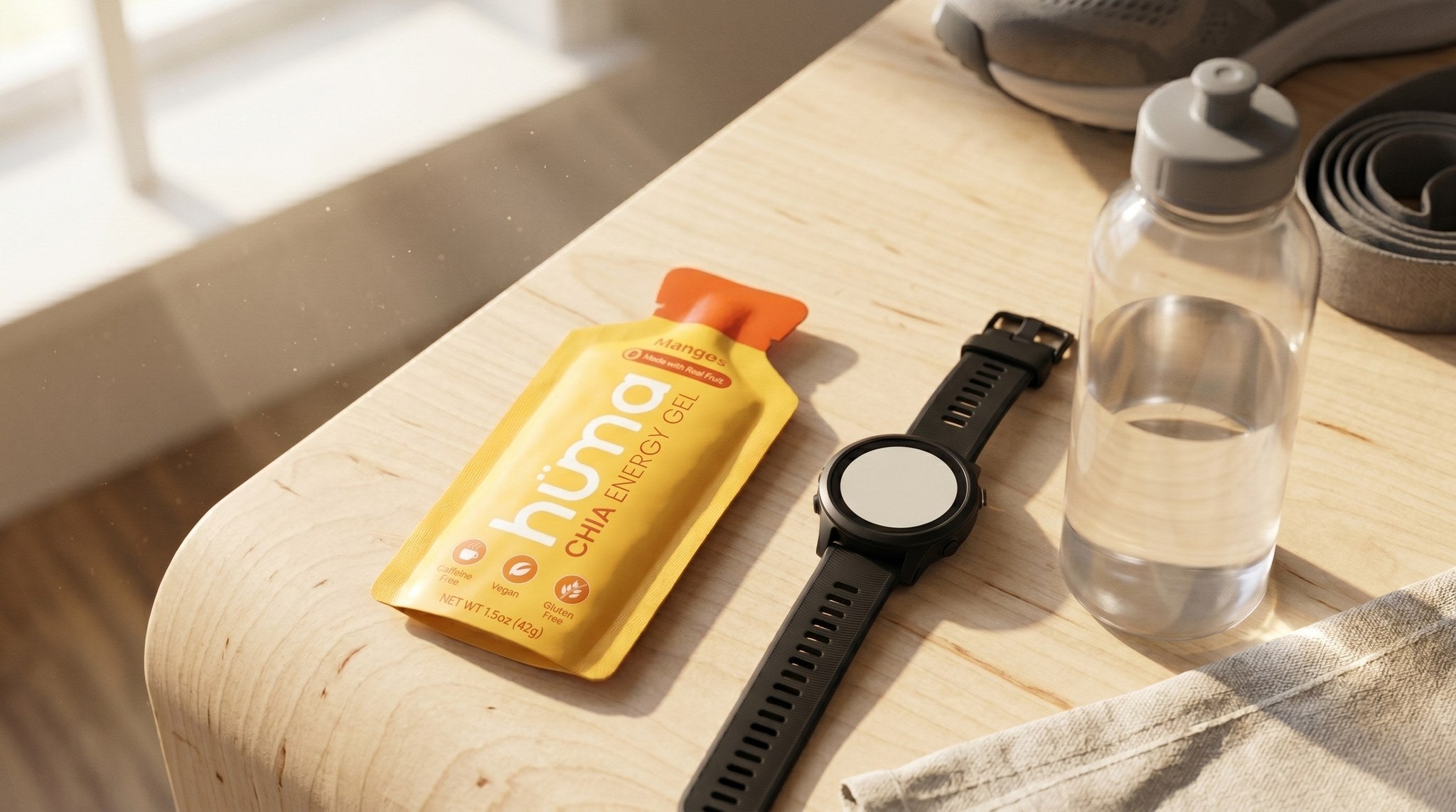 A Hüma energy gel beside a running GPS watch and a water bottle on a sunlit table - a pre-run fueling kit.