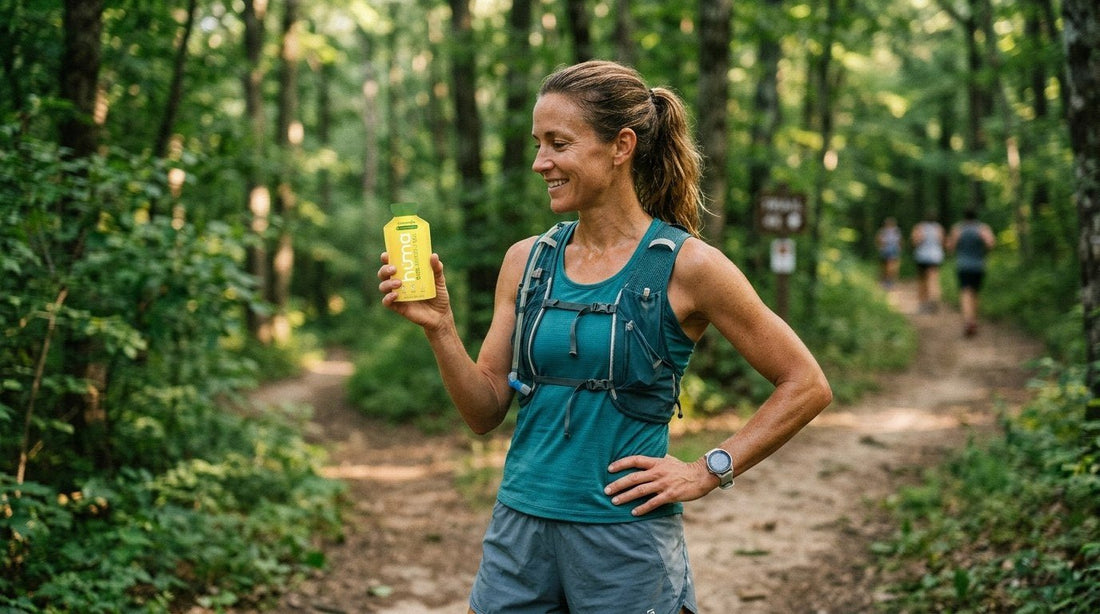 Trail runner pausing deep on a forest singletrack with a Huma Lemonade gel