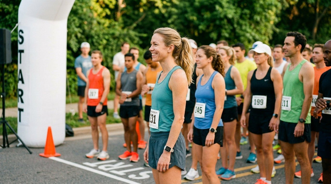 Runners waiting at the start line of a 5K or 10K road race
