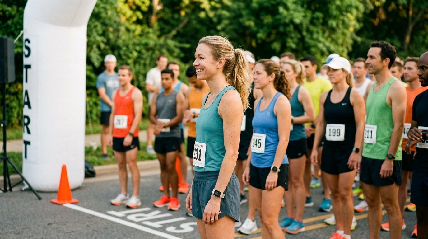 Runners waiting at the start line of a 5K or 10K road race