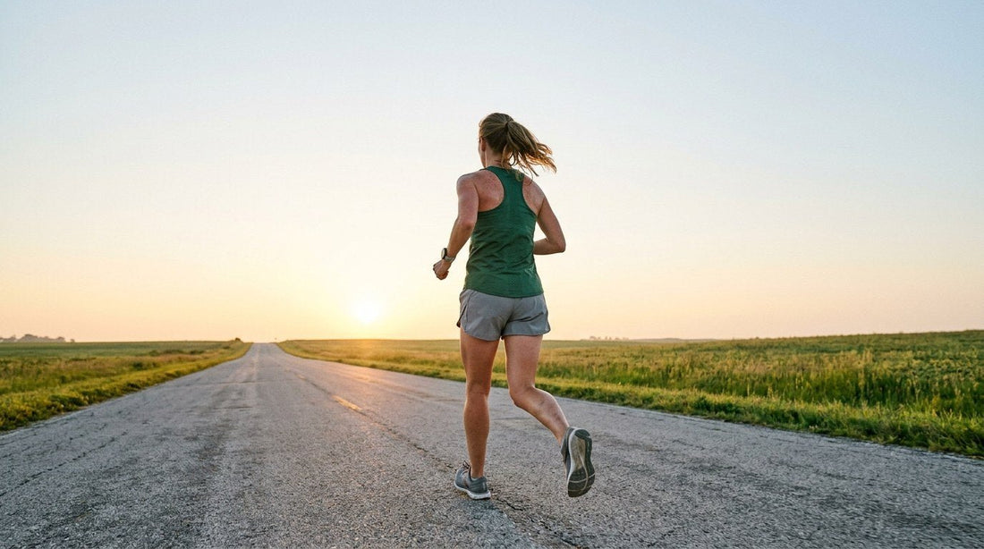 Runner heading down a long open road at sunrise