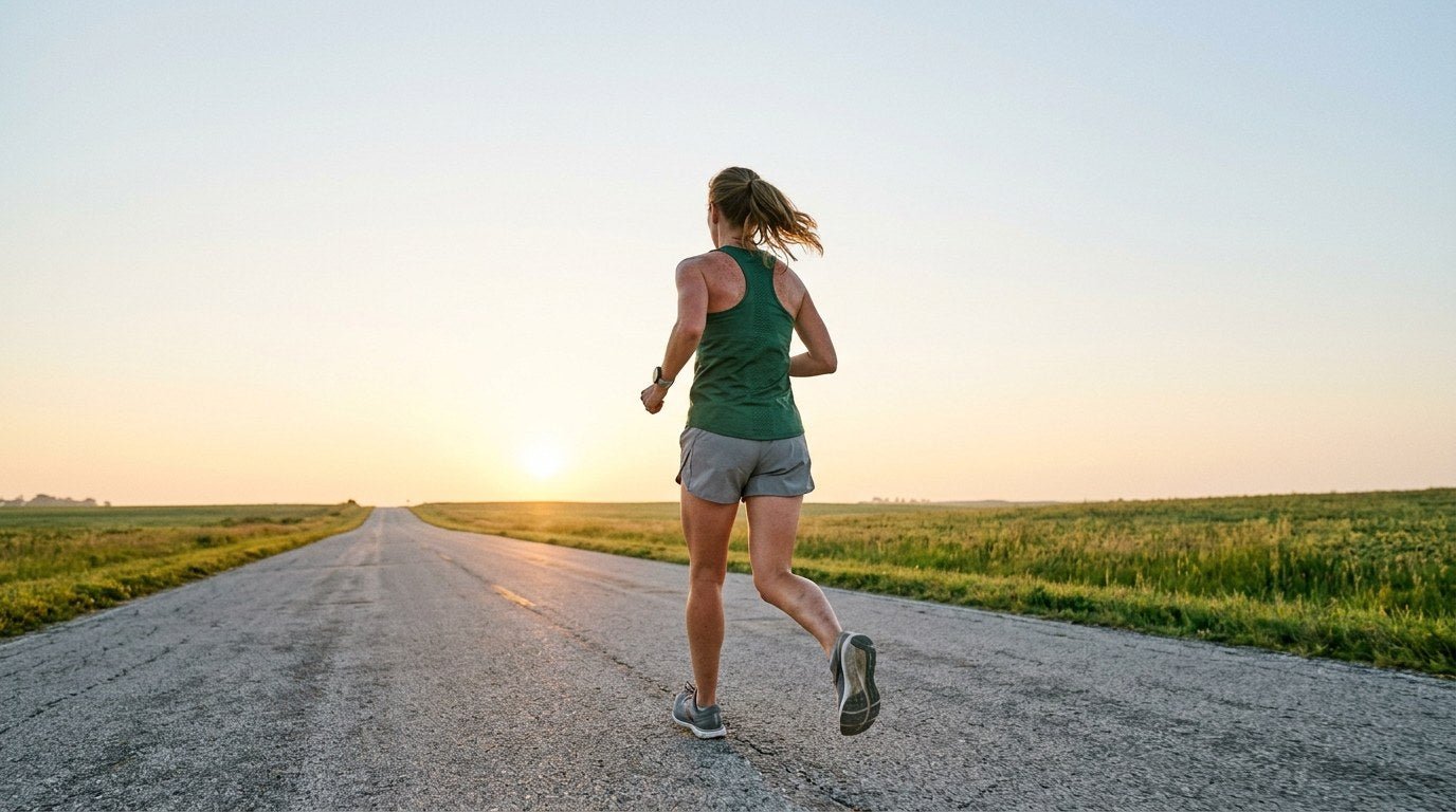Runner heading down a long open road at sunrise