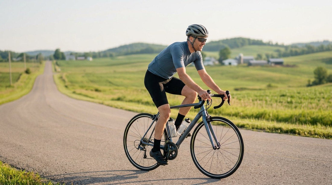 A road cyclist riding a country road with bottles on the bike frame