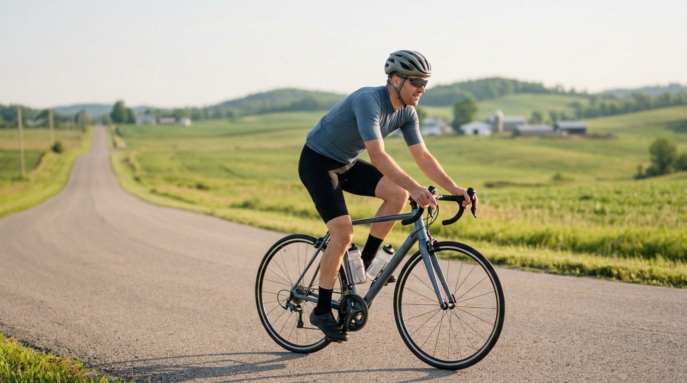 A road cyclist riding a country road with bottles on the bike frame