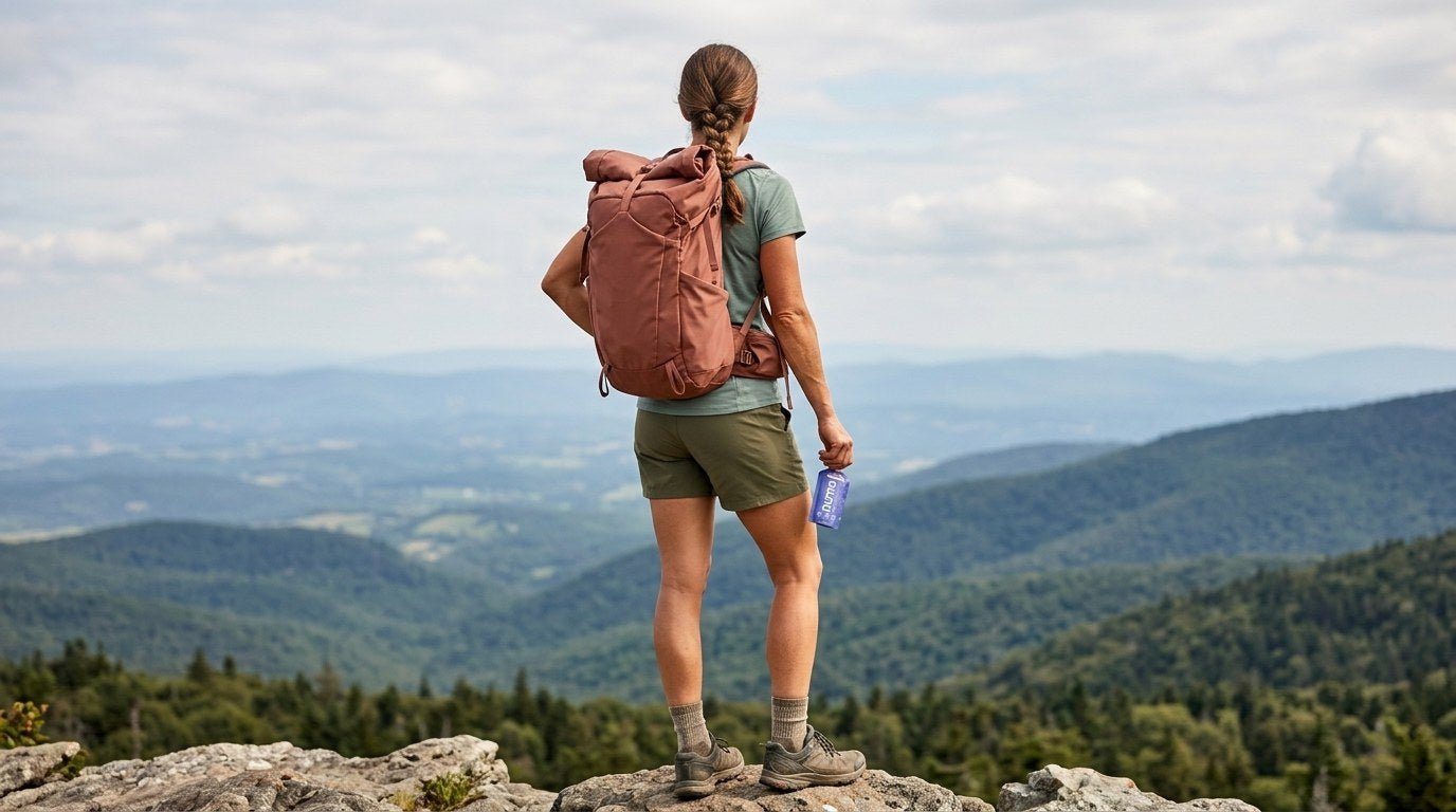 Backpacker at a mountain overlook holding a Huma Blueberries gel