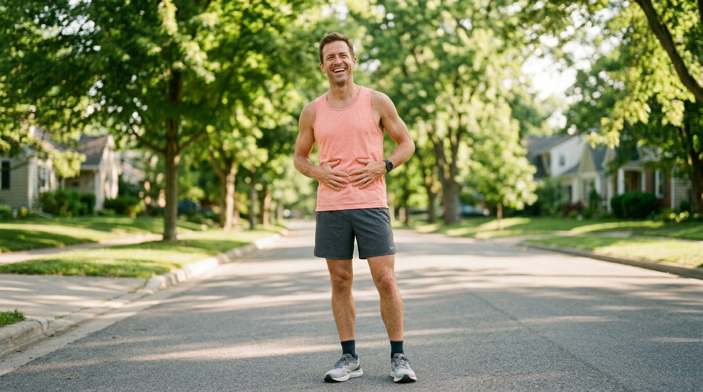 A smiling runner on a sunny suburban street, hands resting on his settled stomach after an easy run.