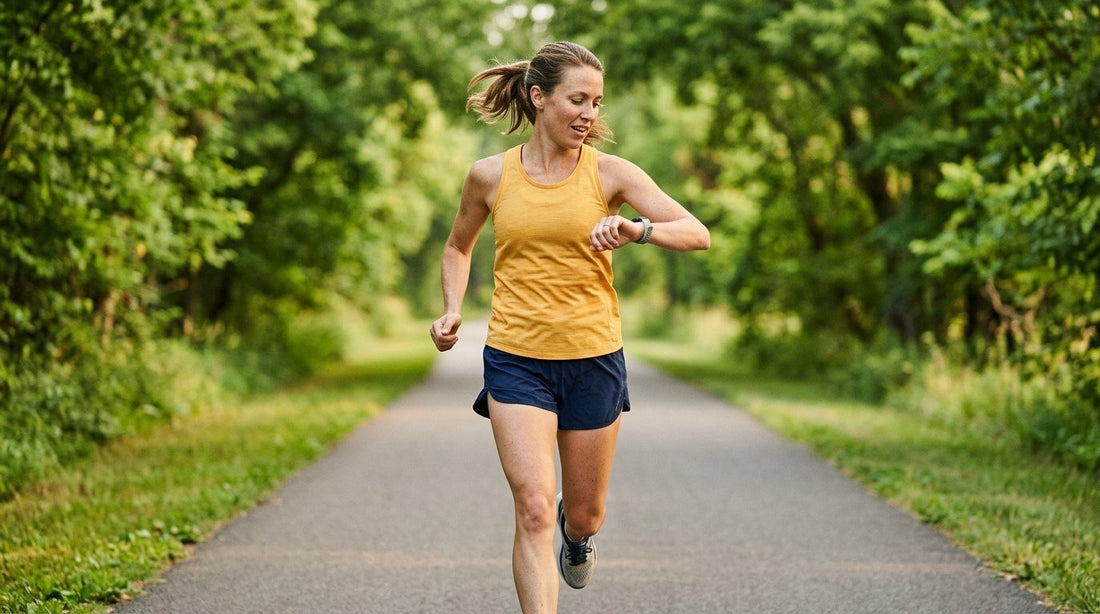 Runner checking her watch mid-run on a tree-lined greenway