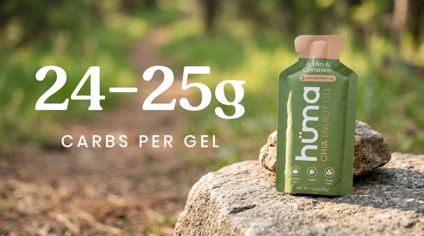 Huma energy gel on a trailside rock: 24 to 25 grams of carbs per gel