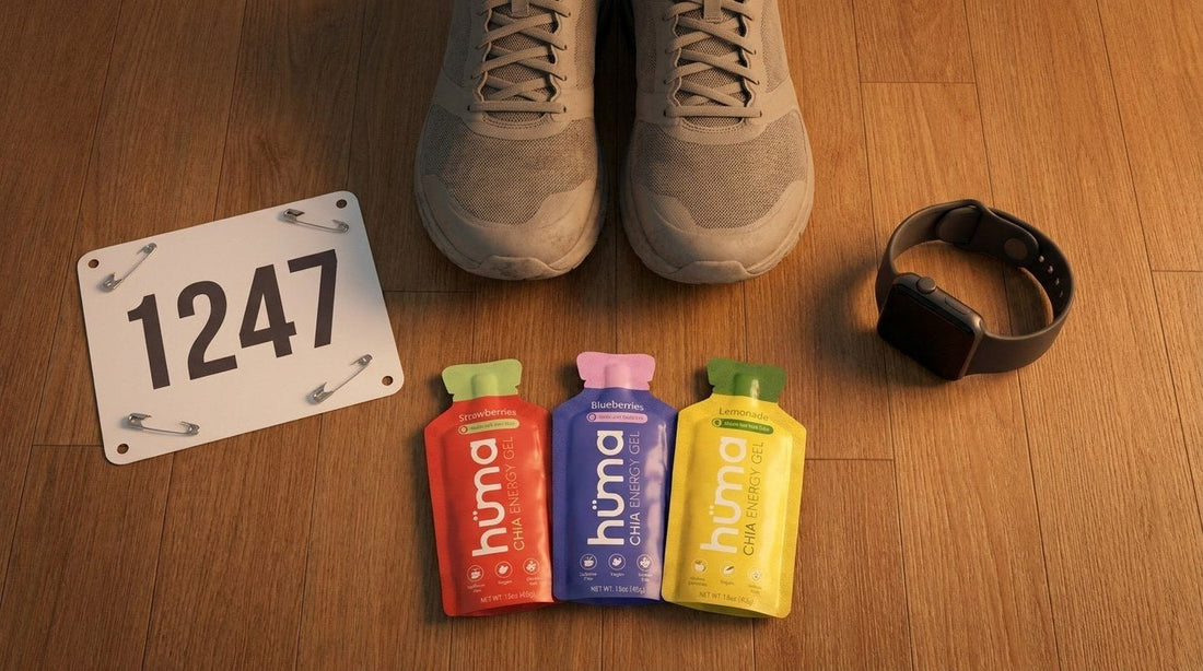 Race-day kit laid out the night before: bib, shoes, watch, and three Huma gels