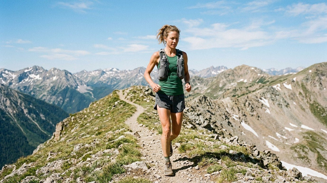 A trail runner in a hydration vest on a high mountain ridge