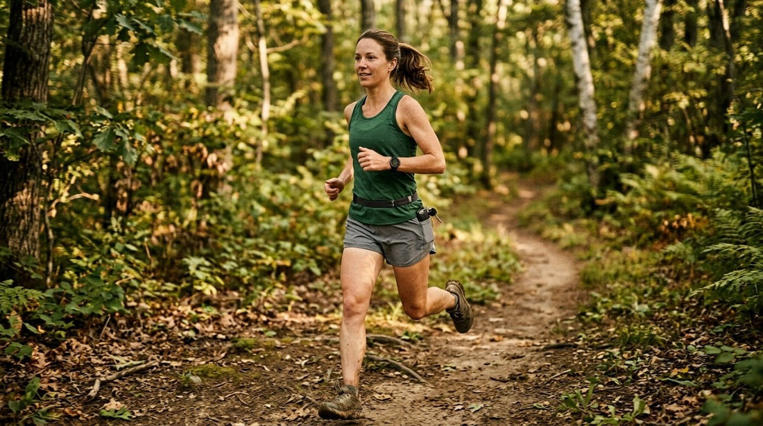 Trail runner training with an energy gel tucked in her fuel belt