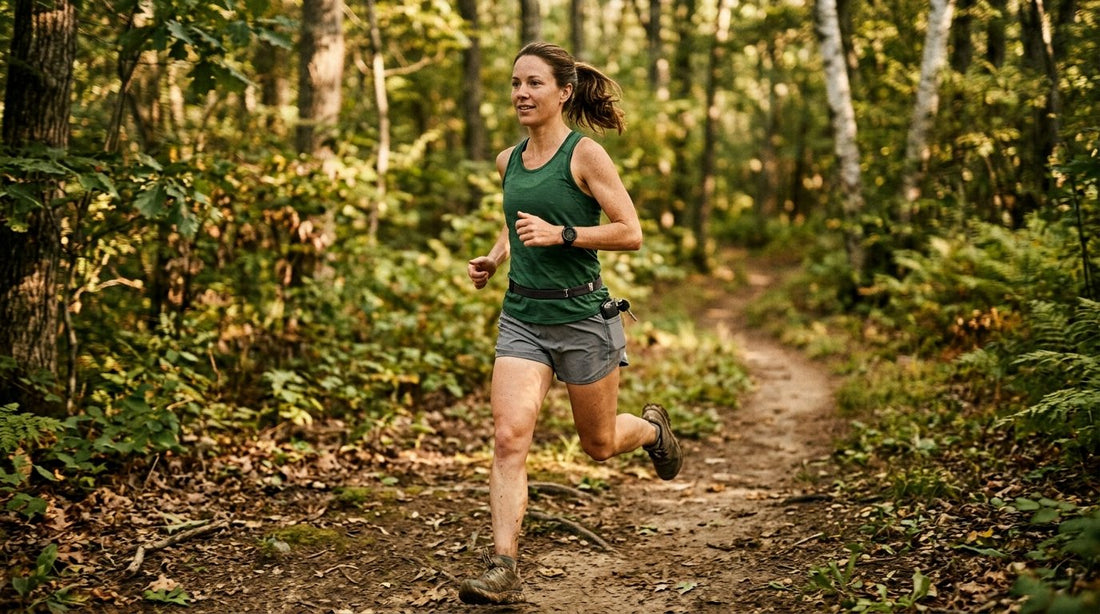 Trail runner training with an energy gel tucked in her fuel belt