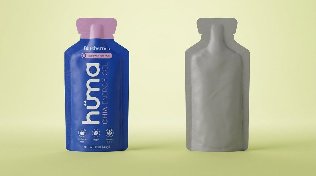 A Huma Blueberries gel beside a blank unbranded gel pouch