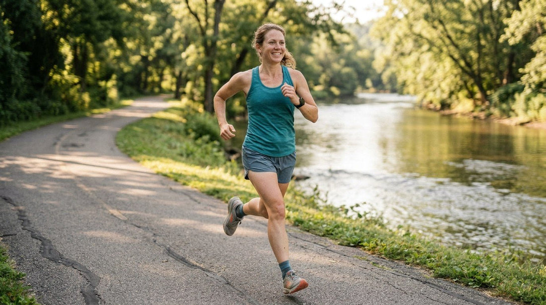 Runner on an easy riverside run, relaxed and comfortable