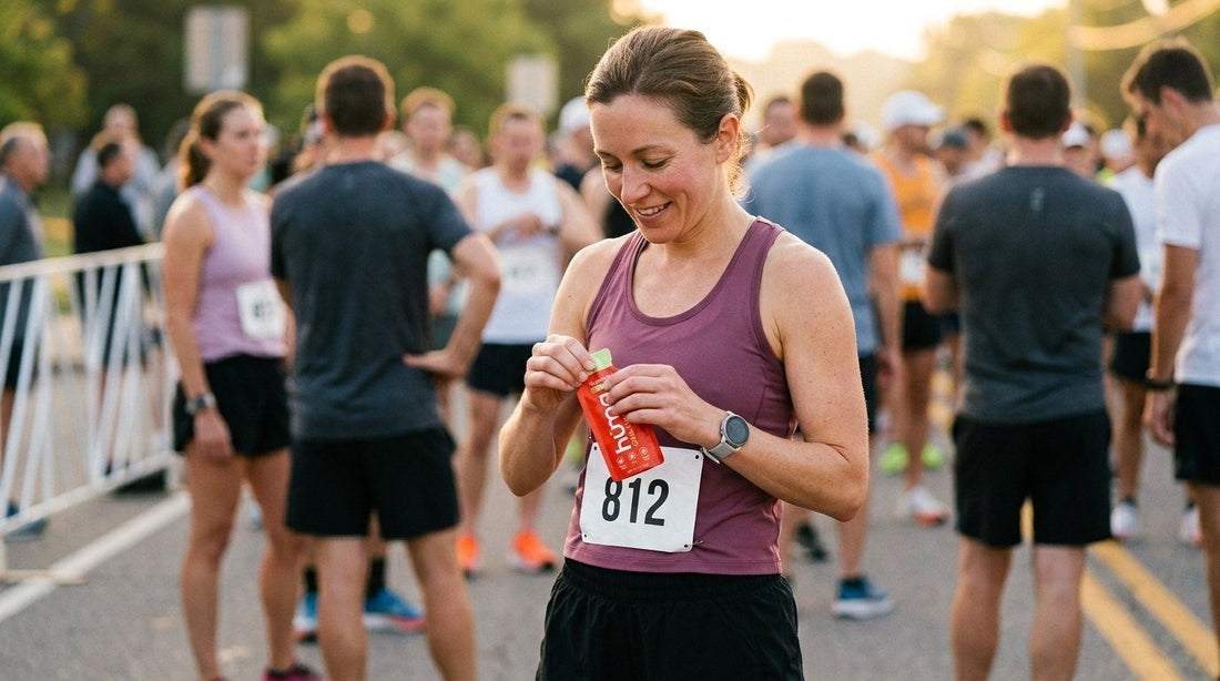 Runner in the start corral opening a Huma gel before the race