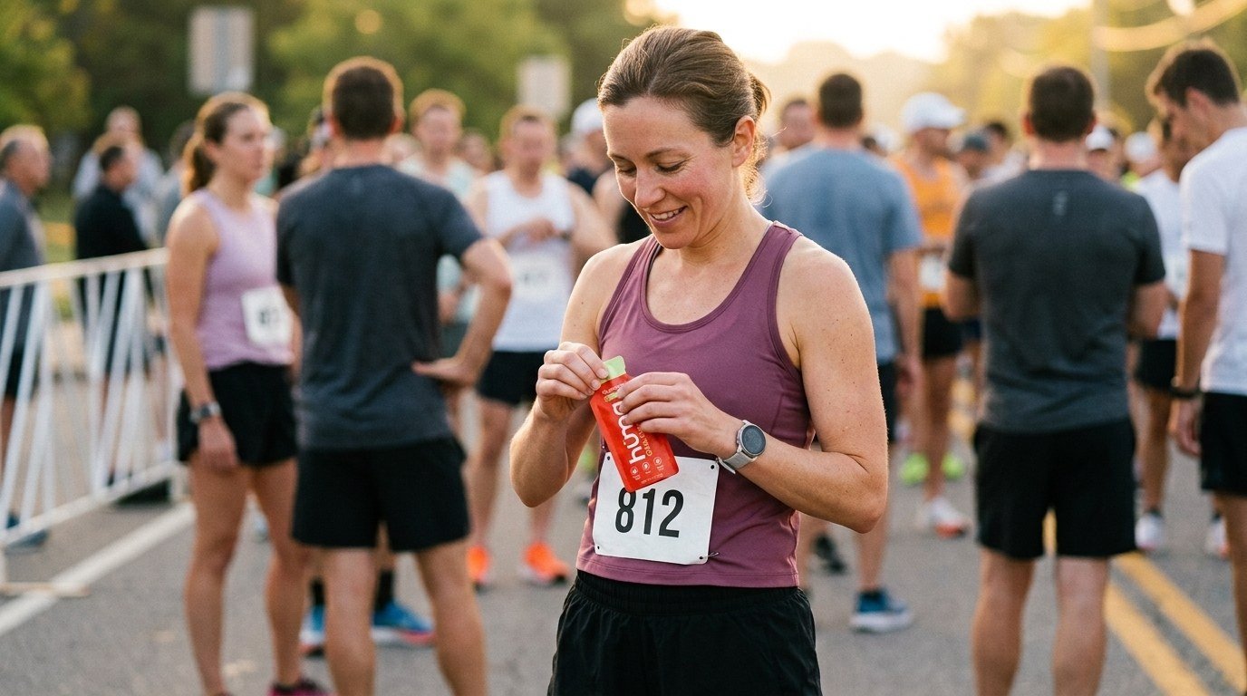 Runner in the start corral opening a Huma gel before the race