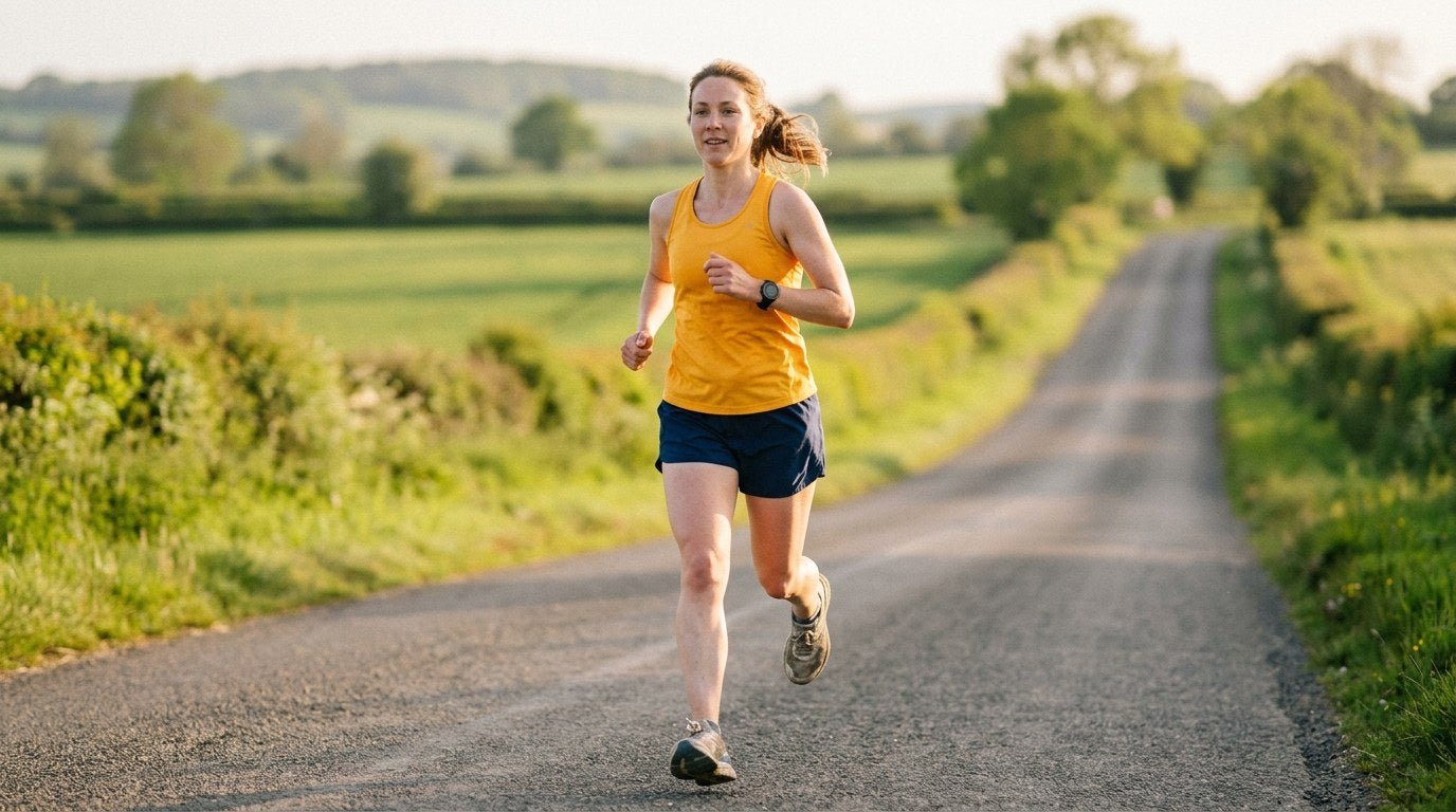 Runner holding a smooth, steady pace on an open country road