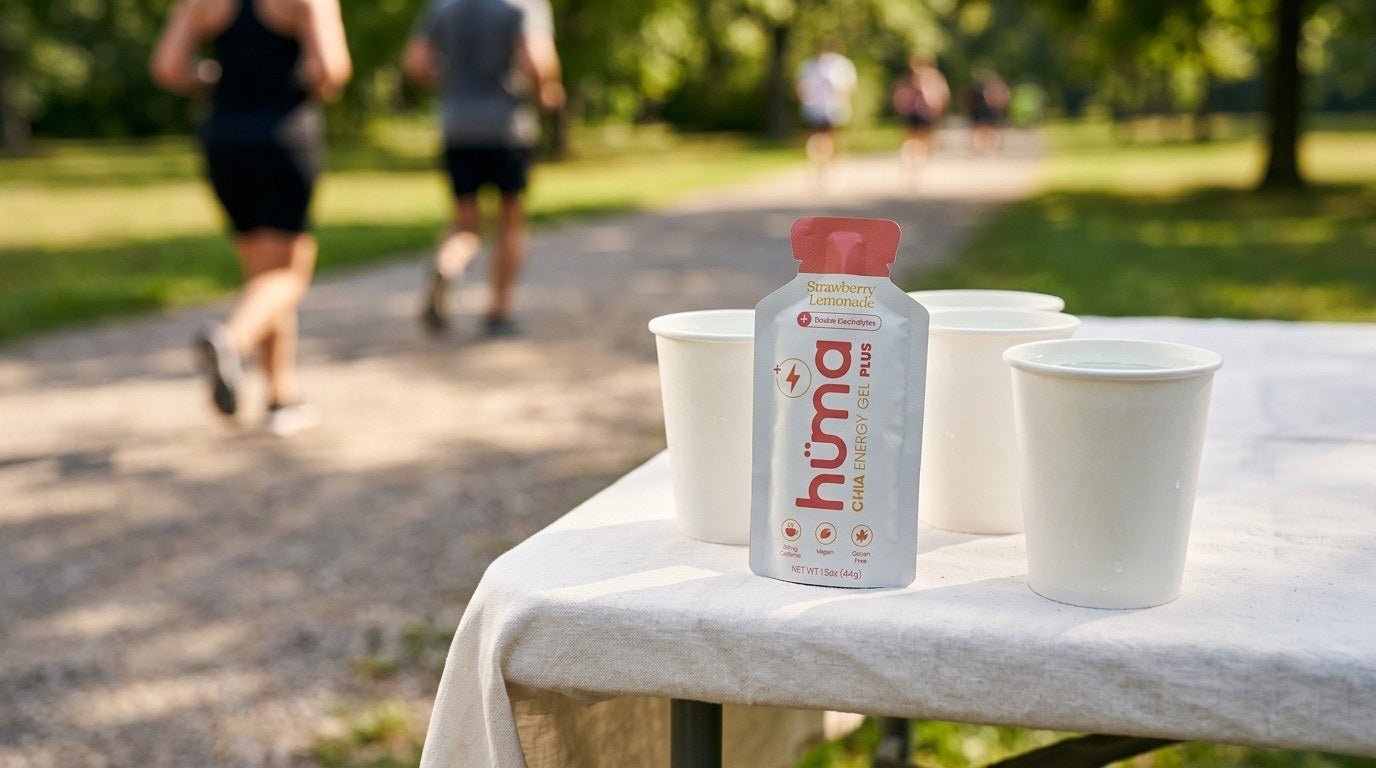 A Huma Strawberry Lemonade gel among water cups on a race aid station table
