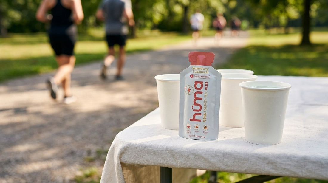 A Huma Strawberry Lemonade gel among water cups on a race aid station table