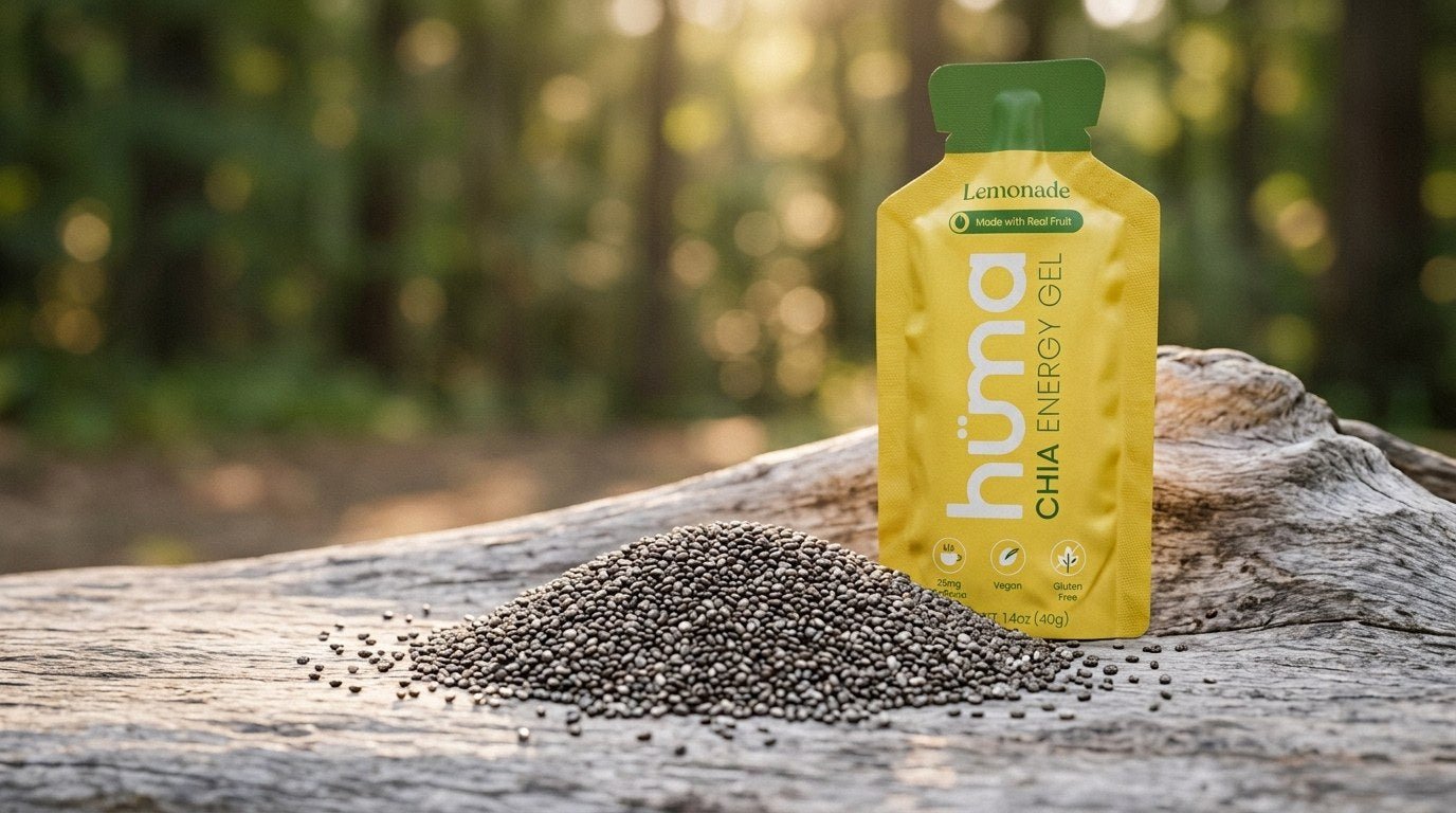 A mound of chia seeds beside a Huma Lemonade energy gel