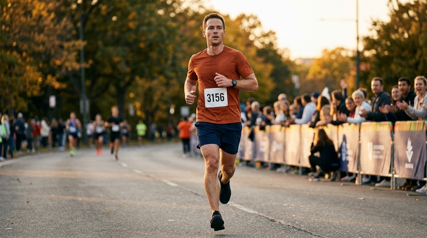 Marathoner running strong in the late miles at golden hour