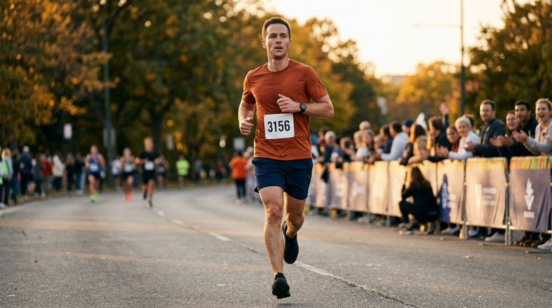 Marathoner running strong in the late miles at golden hour