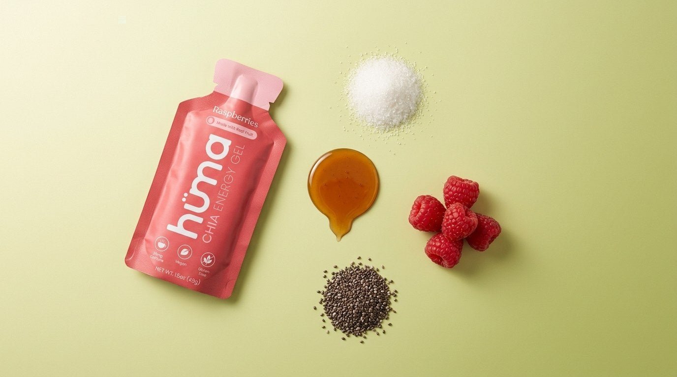Huma Raspberries gel with its real ingredients: brown rice syrup, cane sugar, raspberries, and chia