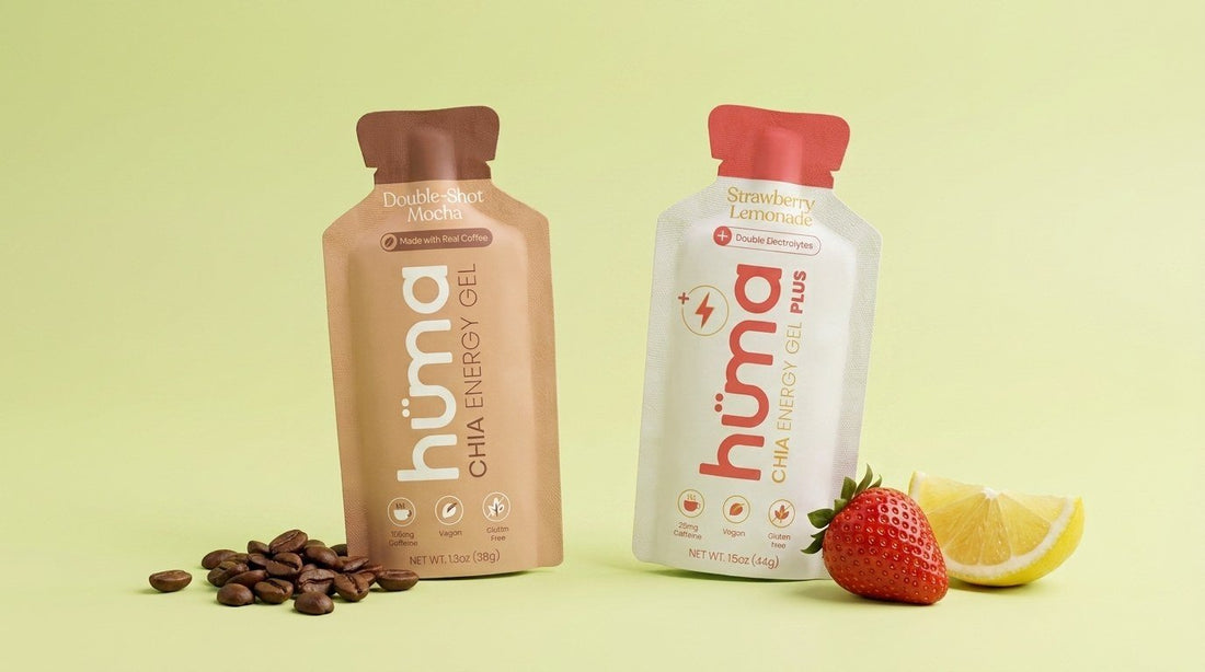 Double-Shot Mocha and PLUS Strawberry Lemonade, two of Huma's caffeinated gels