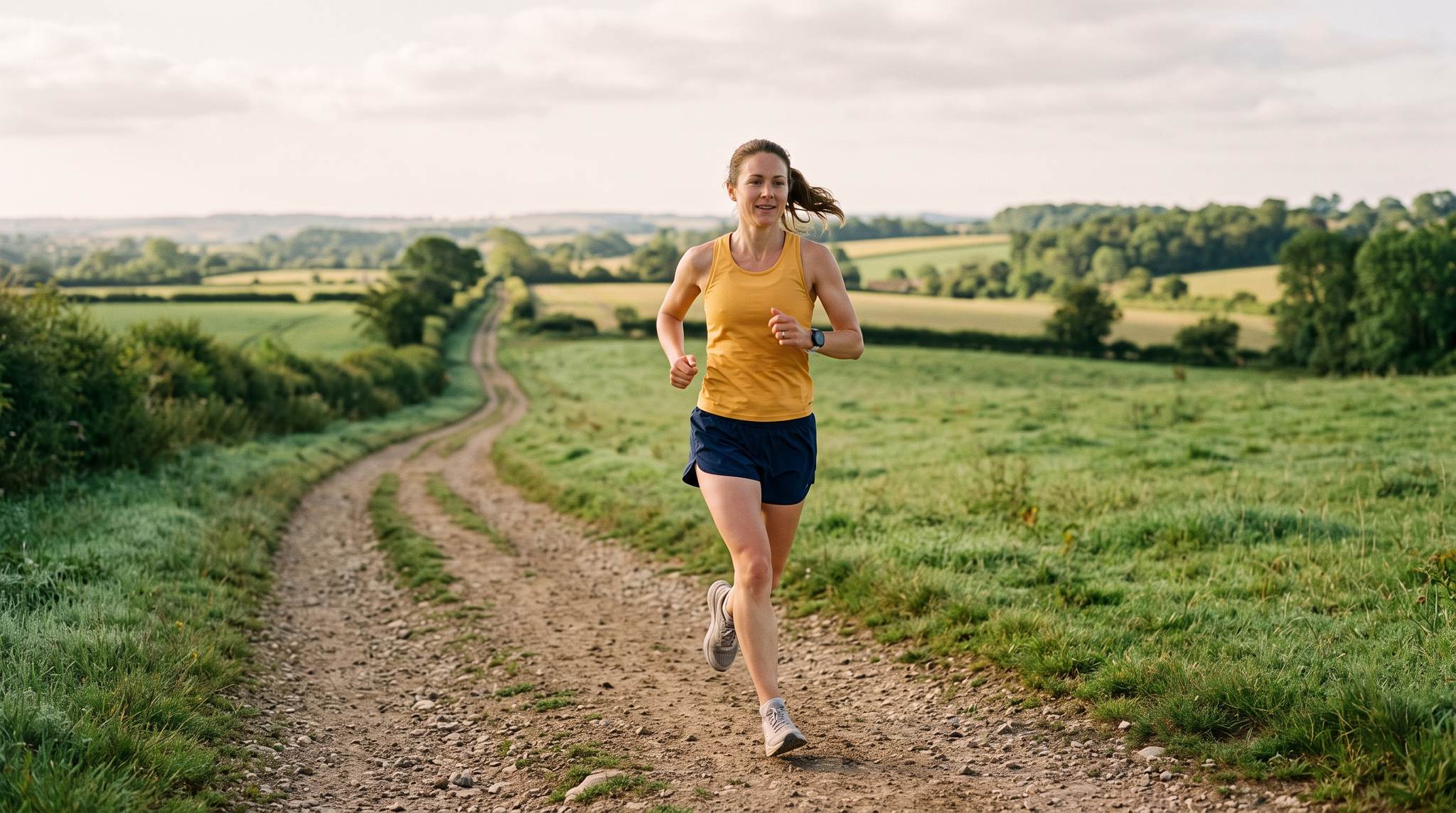A woman runner on a long open dirt trail through green summer countryside at sunrise, marigold tank and navy shorts